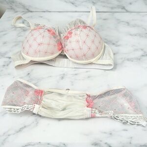 Vintage y2k Floral Lace Bra and Garter Set - Pink and White coquette Fairycore M